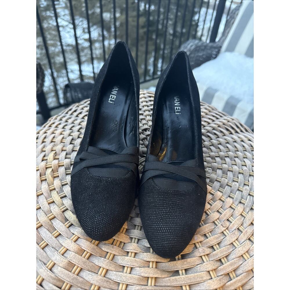 Vaneli Womens Black Textured Wedge Evening Pumps Crisscross Elastic Straps 11M